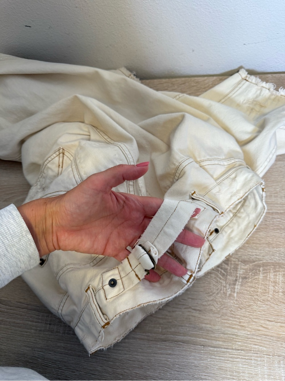 Magnolia Pearl Cotton Miner Denim pants distressed cream adjustable waist - Picture 15 of 16
